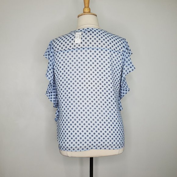 Roz & Ali Blue White Flutter Sleeve Ruffle Side Button Up Top Blouse NEW Size XL - Picture 7 of 15